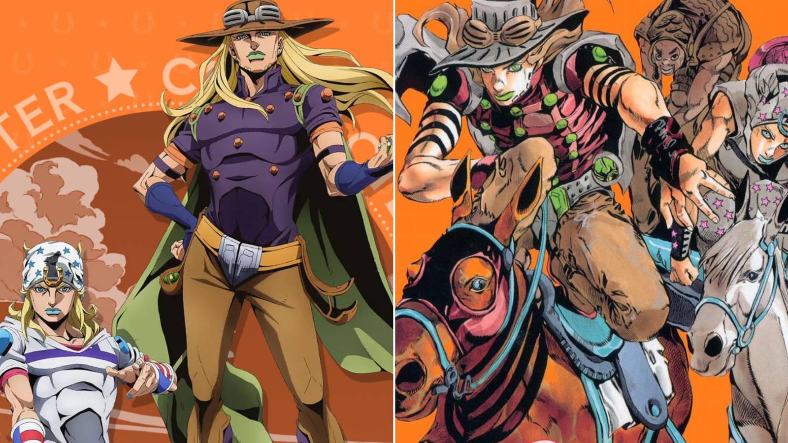 A collage of the two versions of Jojo's Bizarre Adventure: Steel Ball Run, the new anime and the manga.