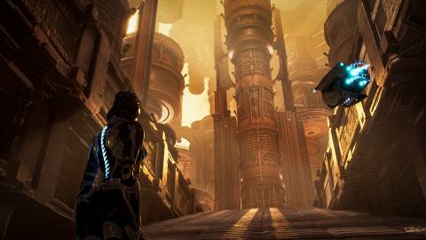 Zoe and Koby walk toward the S4VI Hub in Steel Seed