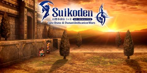 Suikoden 1 and 23 HD Remaster Gate Rune and Dunan Unification Wars sunset dusk promo gameplay screenshot with game logo
