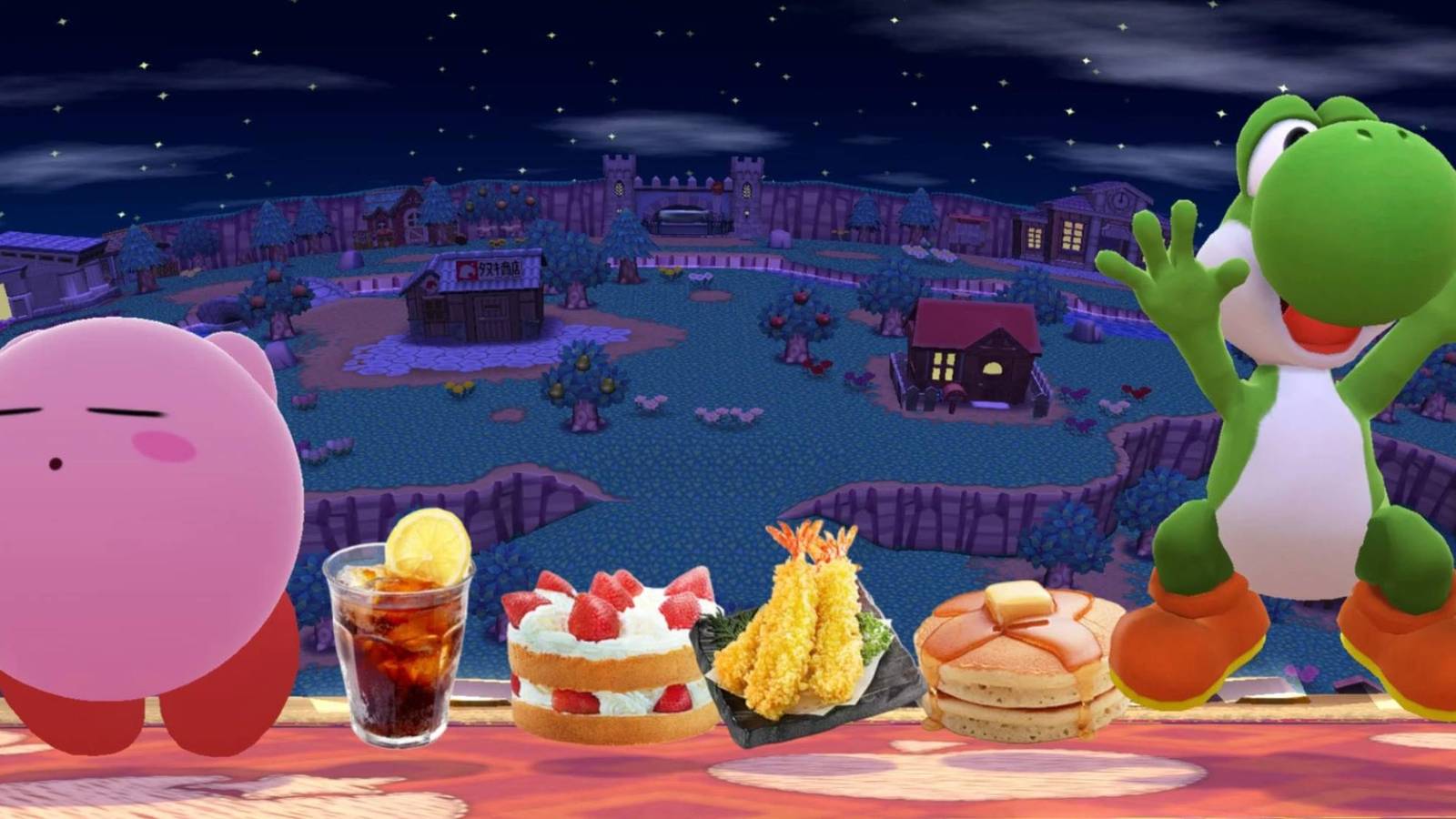 Kirby and Yoshi celebrating with food in Super Smash Bros. Ultimate