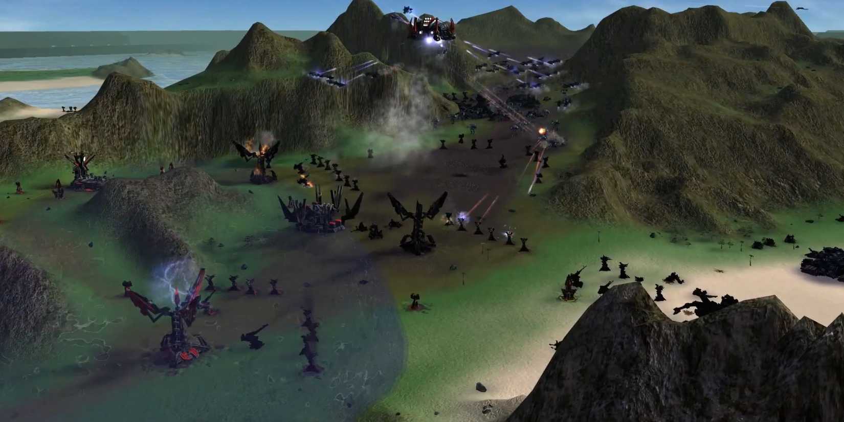 An intense battle in a multiplayer Supreme Commander match
