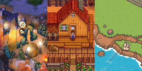 Cozy Grove on left, Stardew Valley in centre and Tsuk's Odyssey on right