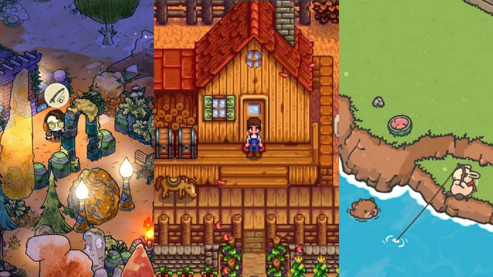 Cozy Grove on left, Stardew Valley in centre and Tsuk's Odyssey on right