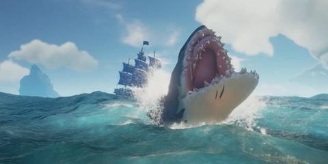 The Barnacled Dread Ancient Megalodon rising out of the ocean in Sea of Thieves