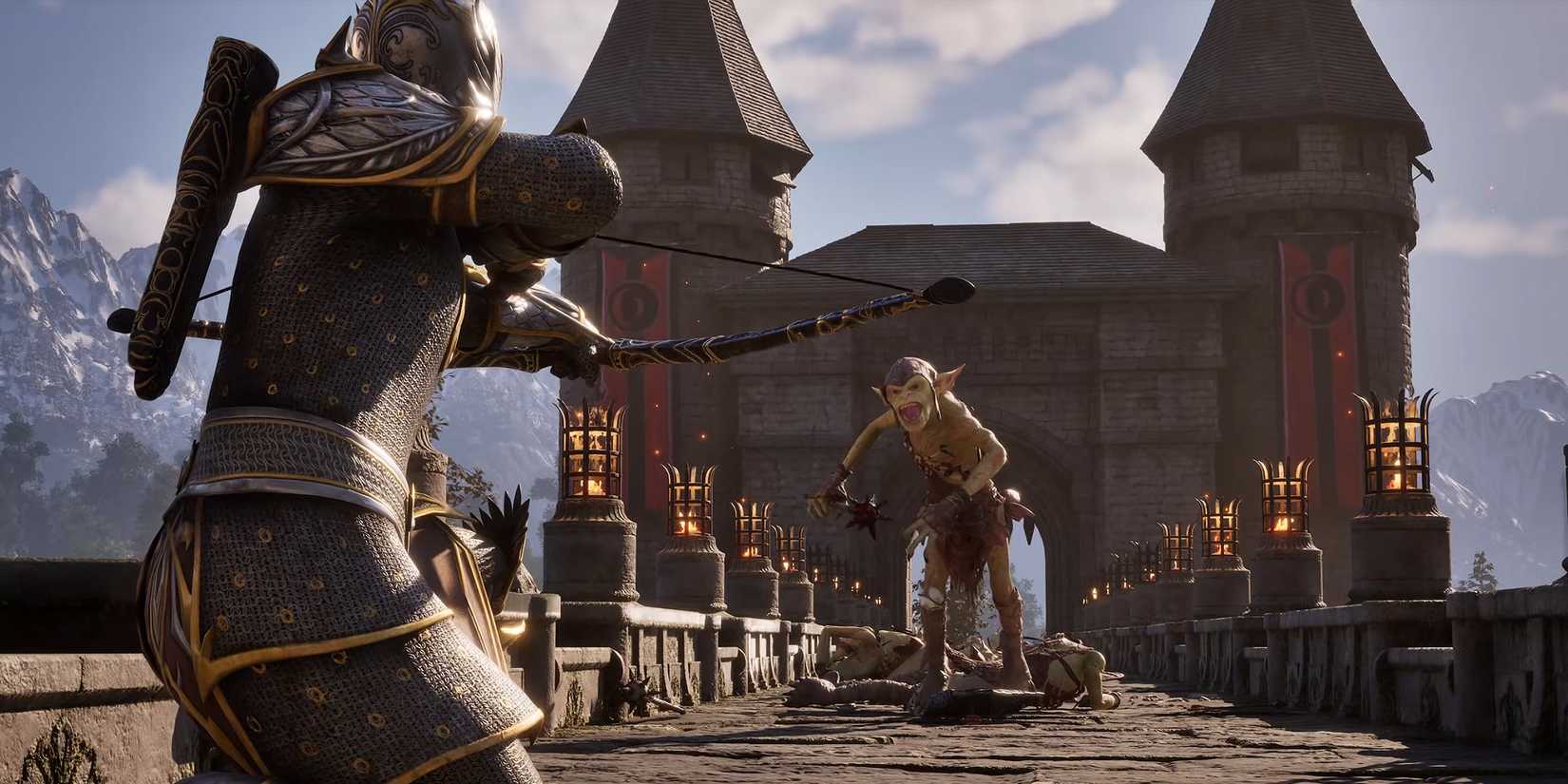 The Elder Scrolls 4 Oblivion Remastered character aiming bow at Goblin