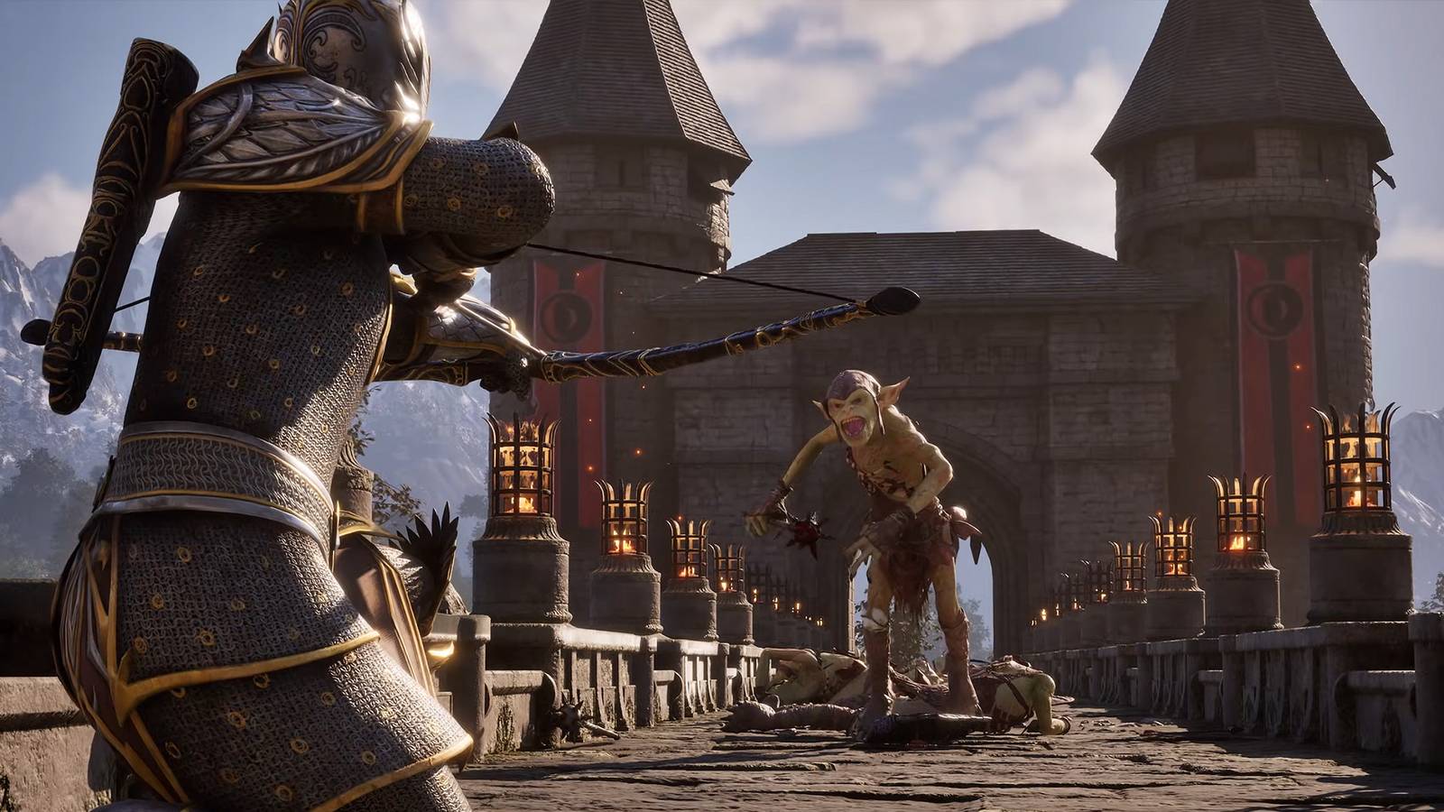 The Elder Scrolls 4 Oblivion Remastered character aiming bow at Goblin