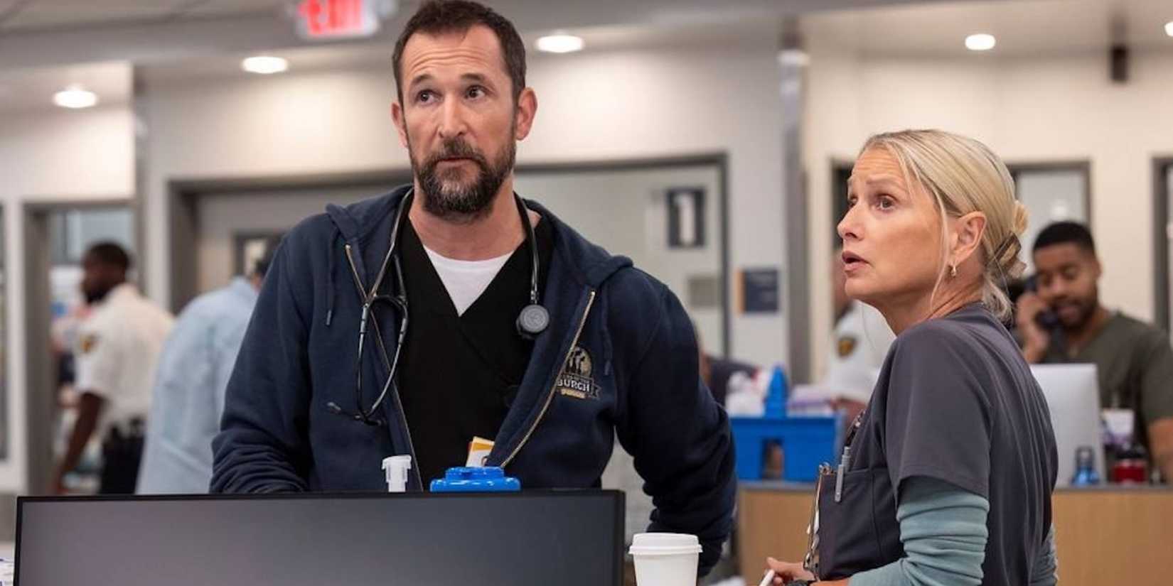 Robby (Noah Wyle) and Dana Evans (Katherine LaNara) on The Pitt