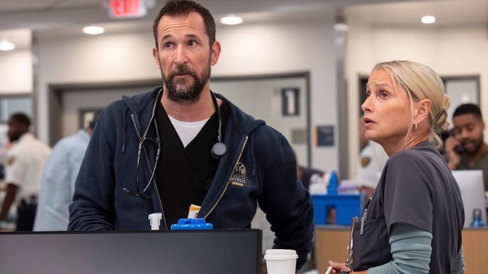 Robby (Noah Wyle) and Dana Evans (Katherine LaNara) on The Pitt