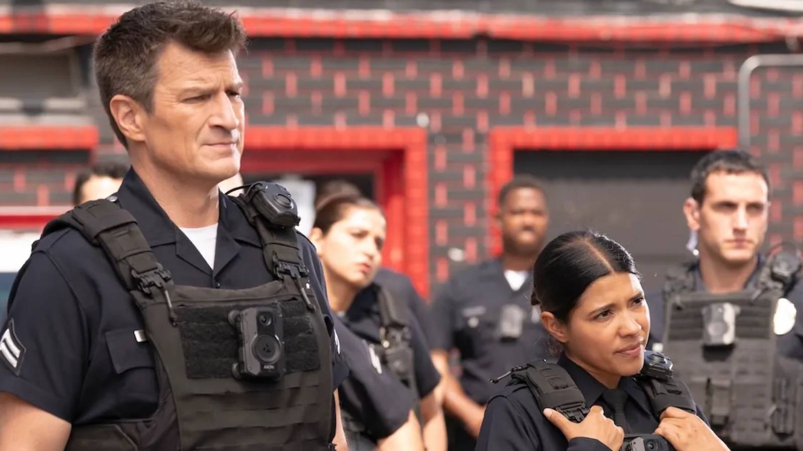 Nolan (Nathan Fillion) and Celina (Lisseth Chavez) on The Rookie