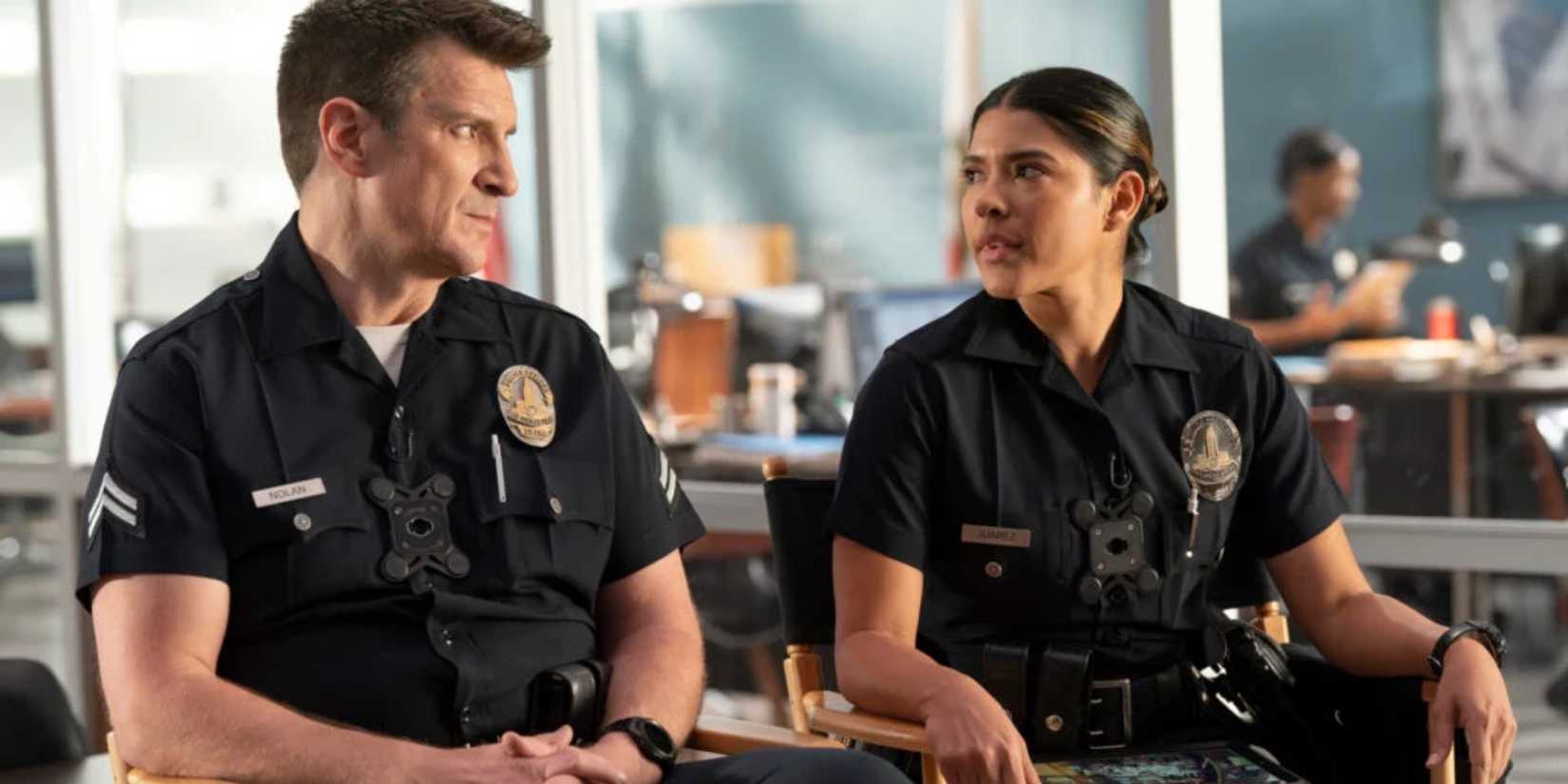 Nolan (Nathan Fillion) and Celina (Lisseth Chavez) on The Rookie