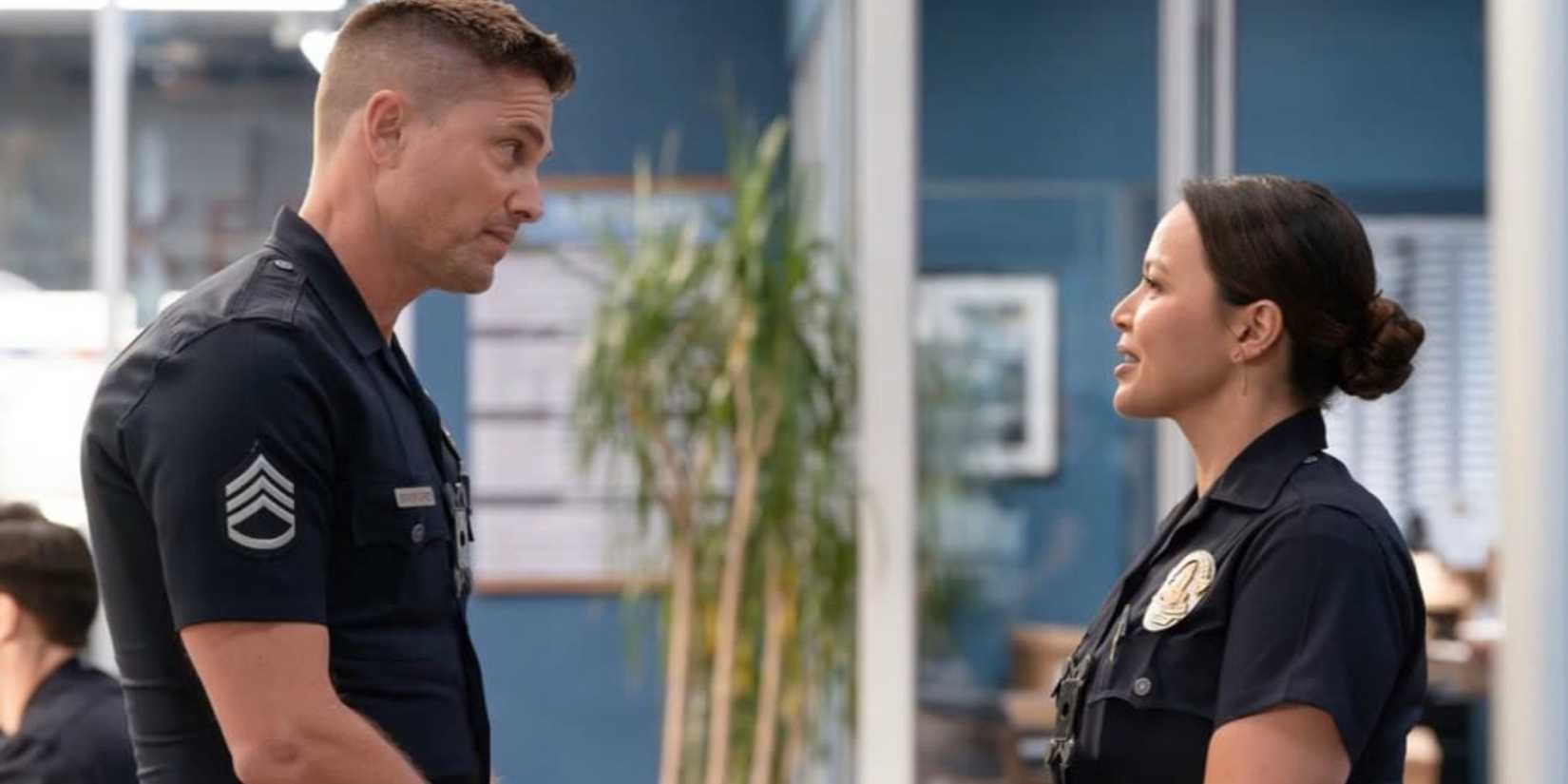 Tim Bradford (Eric Winter) and Lucy Chen (Melissa O'Neil) on The Rookie