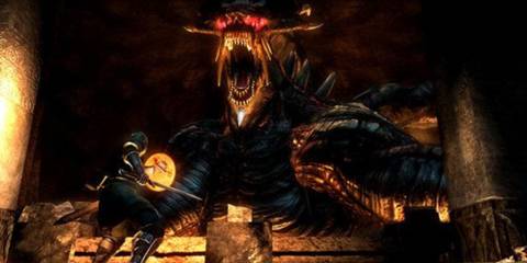 The Slayer of Demons facing a giant dragon boss - Demon's Souls