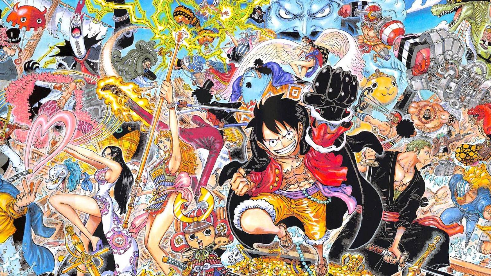 The Straw Hat Pirates and many other characters in the color spread dedicated to the global popularity poll in One Piece