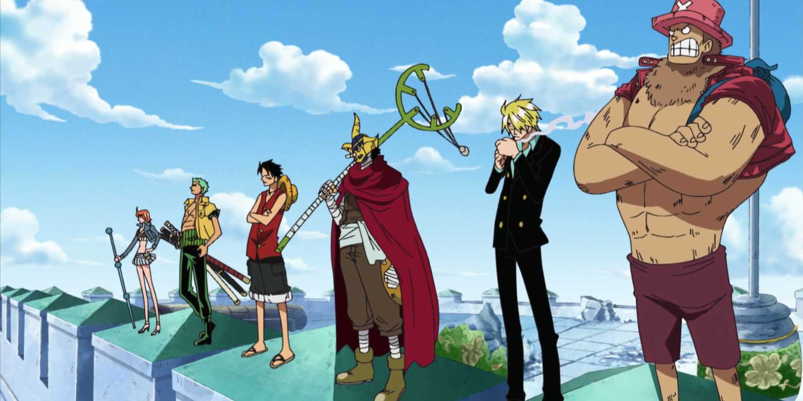 The Straw Hats stand together in a row at Enies Lobby.