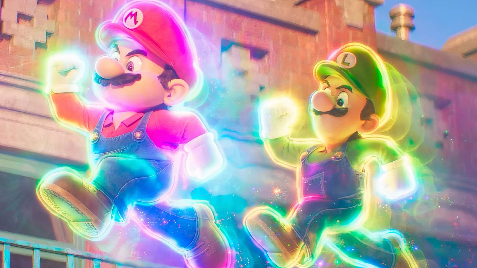 Mario and Luigi hopping in unison in The Super Mario Bros. Movie