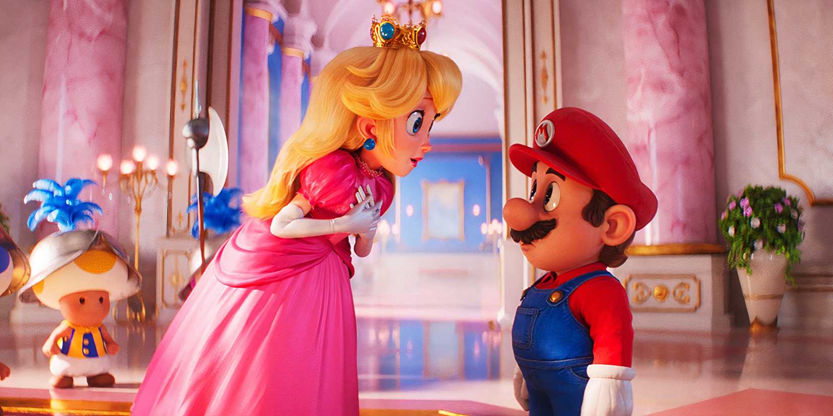 Princess Peach meeting Mario in The Super Mario Bros. Movie