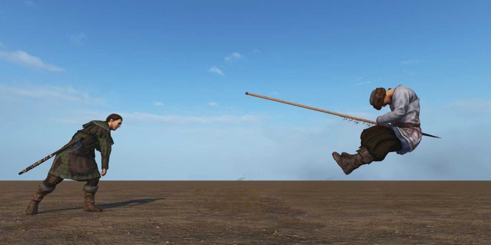 Character being pierced by throwing spear in air