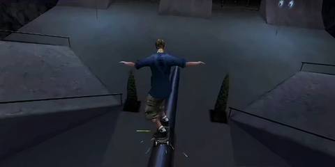 A skater character grinding down a rail in Tony Hawk's Pro Skater 2
