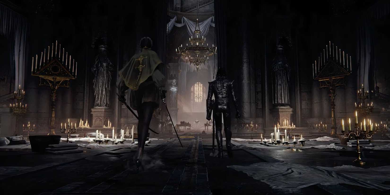 Two characters walking in a church in The Duskbloods