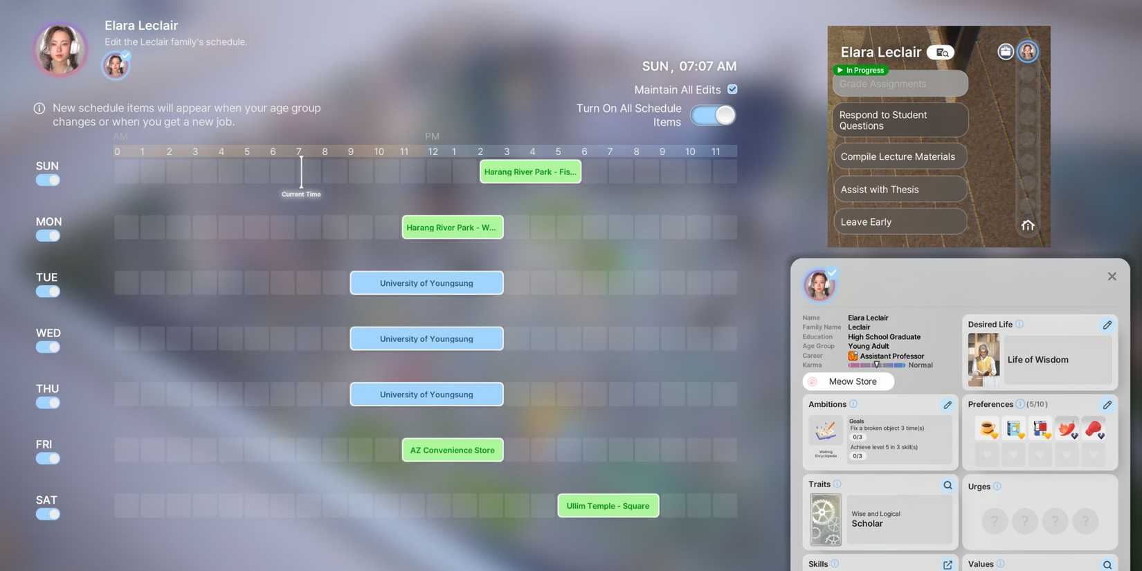 University Professor Career Schedule and Tasks In InZOI