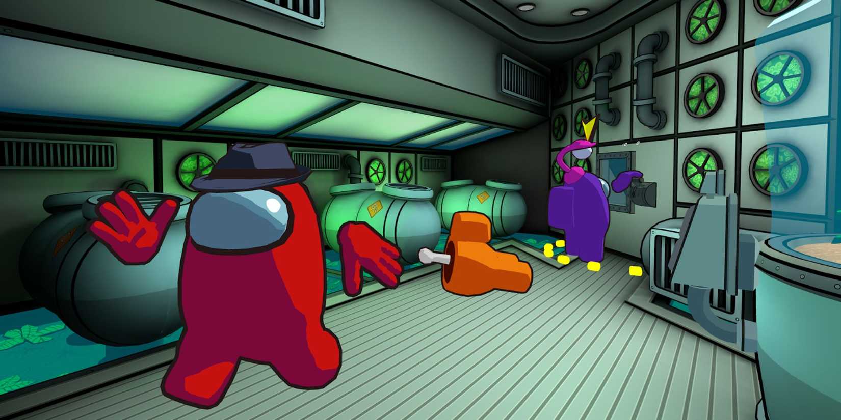 Still of an impostor in the Among US 3D game stabbing somebody and walking away sneakily. 