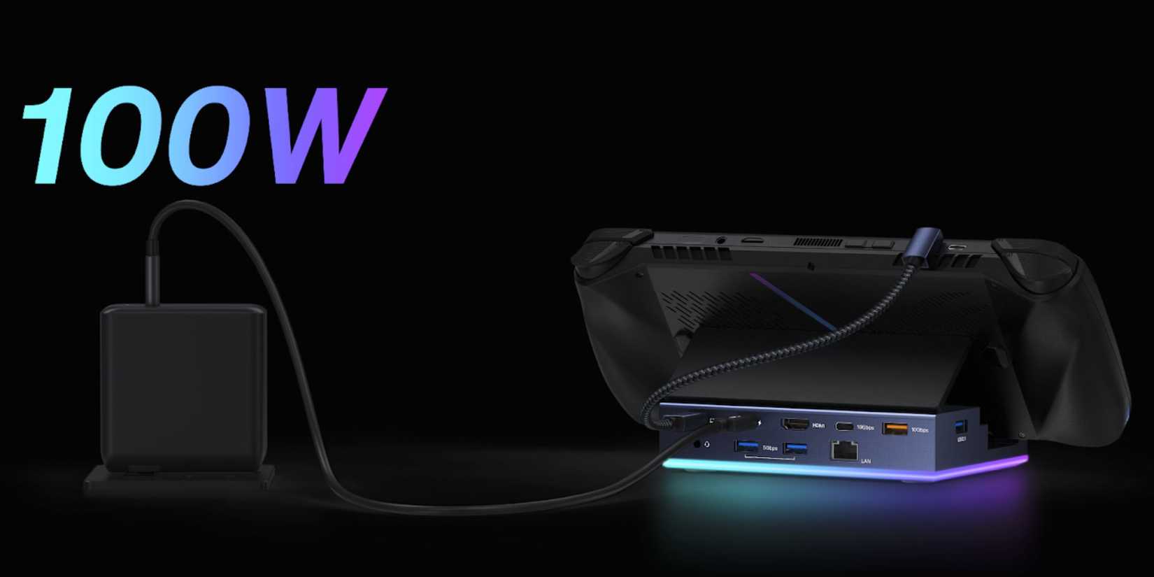 Image of the gaming deck, plugged into a charging port. 