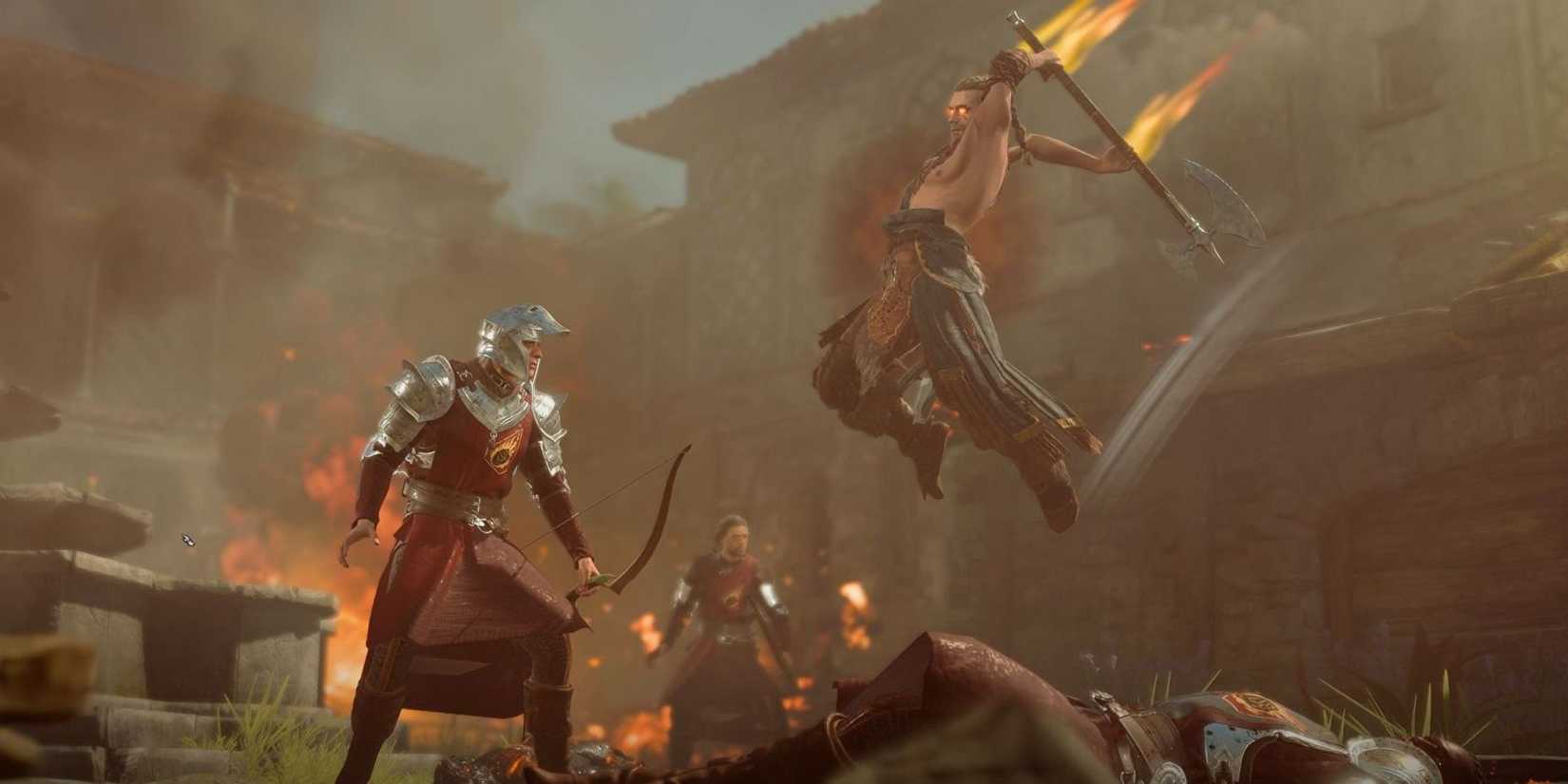 A Barbarian leaping to attack in Baldur's Gate 3