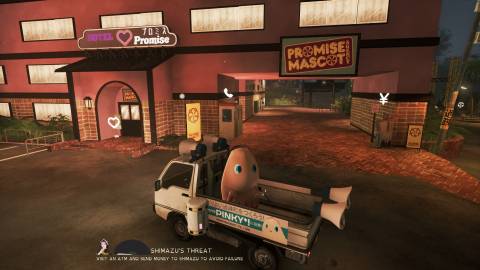 A player's truck with Pinky on the back and Shimazu's threat level showing in Promise Mascot Agency