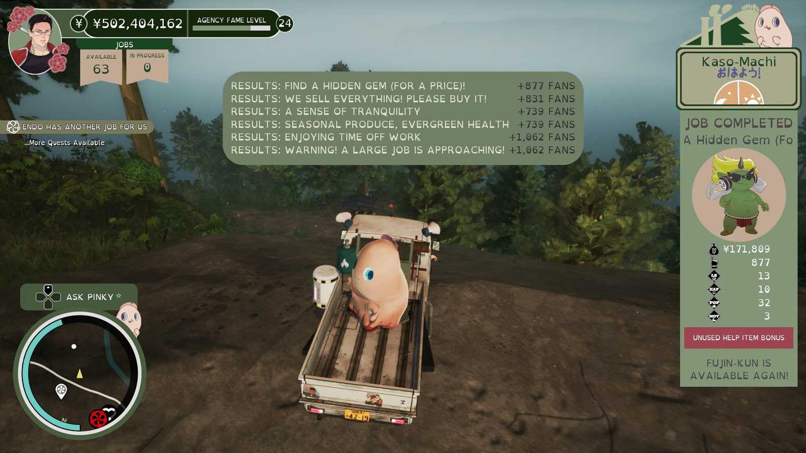 A player completing multiple jobs in Promise Mascot Agency