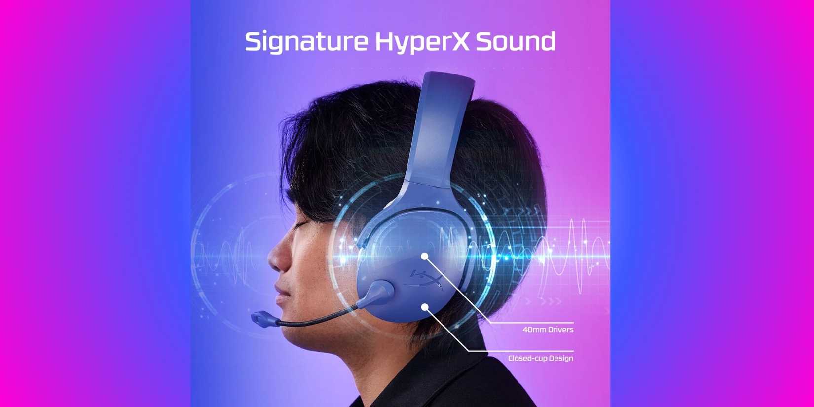 An official stock image from HyperX gaming headset showcasing a man wearing the headphones. 
