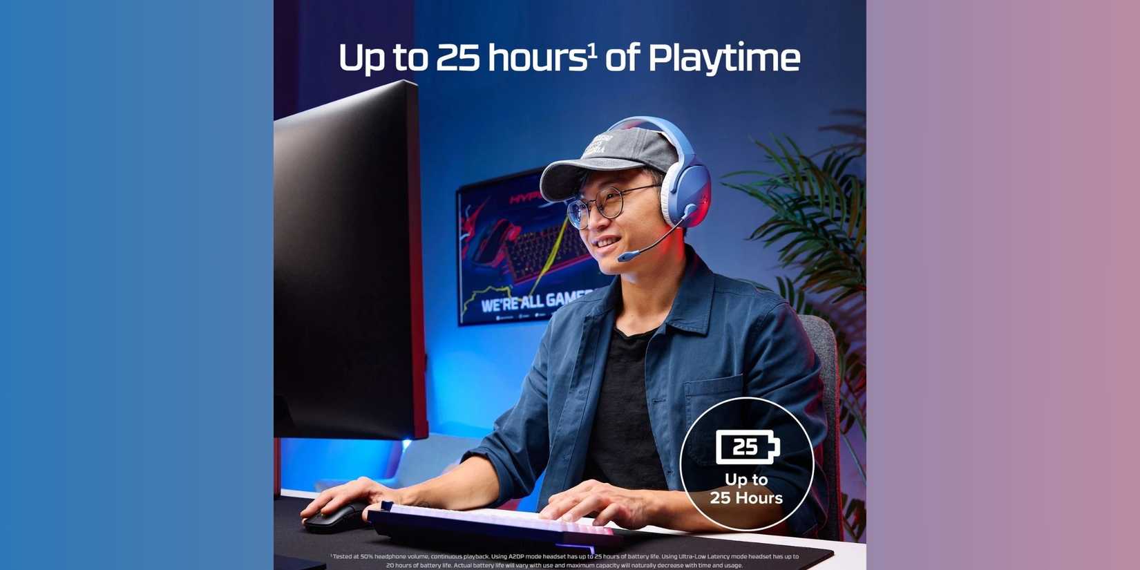 Official hyperx stock image showcasing a gamer wearing the headphones while in front of a monitor. 
