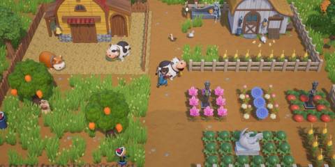 A player tending to a cow in Coral Island