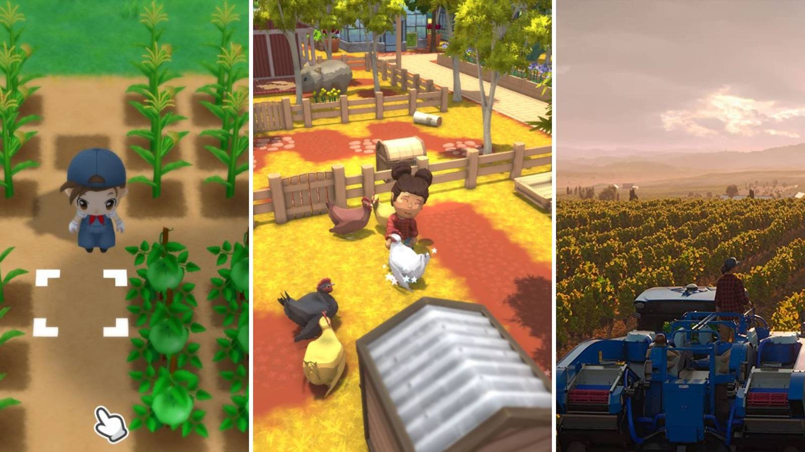 A grid showing the three farming sims Story of Seasons: Friends of Mineral Town, Dinkum, and Farming Simulator 22