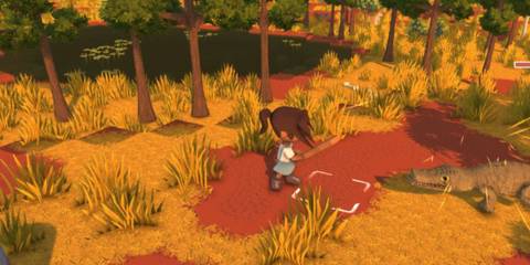 A player fighting off a crocodile in Dinkum