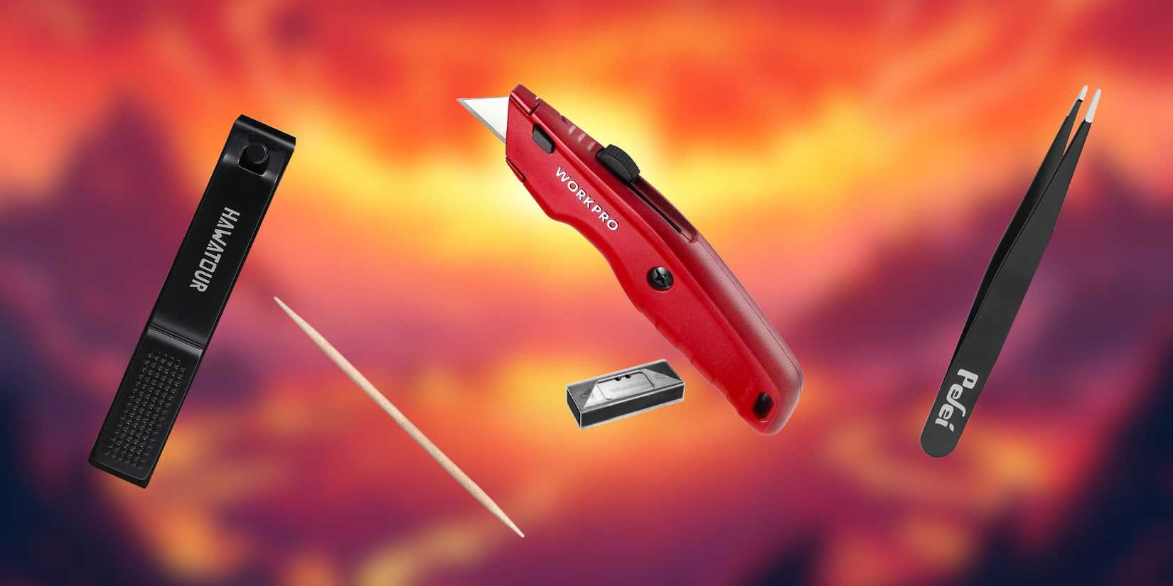 Image of a cartoon background with a pair of tweezers, nail-clippers, box-cutter, and a toothpick, A singular, sole, toothpick.