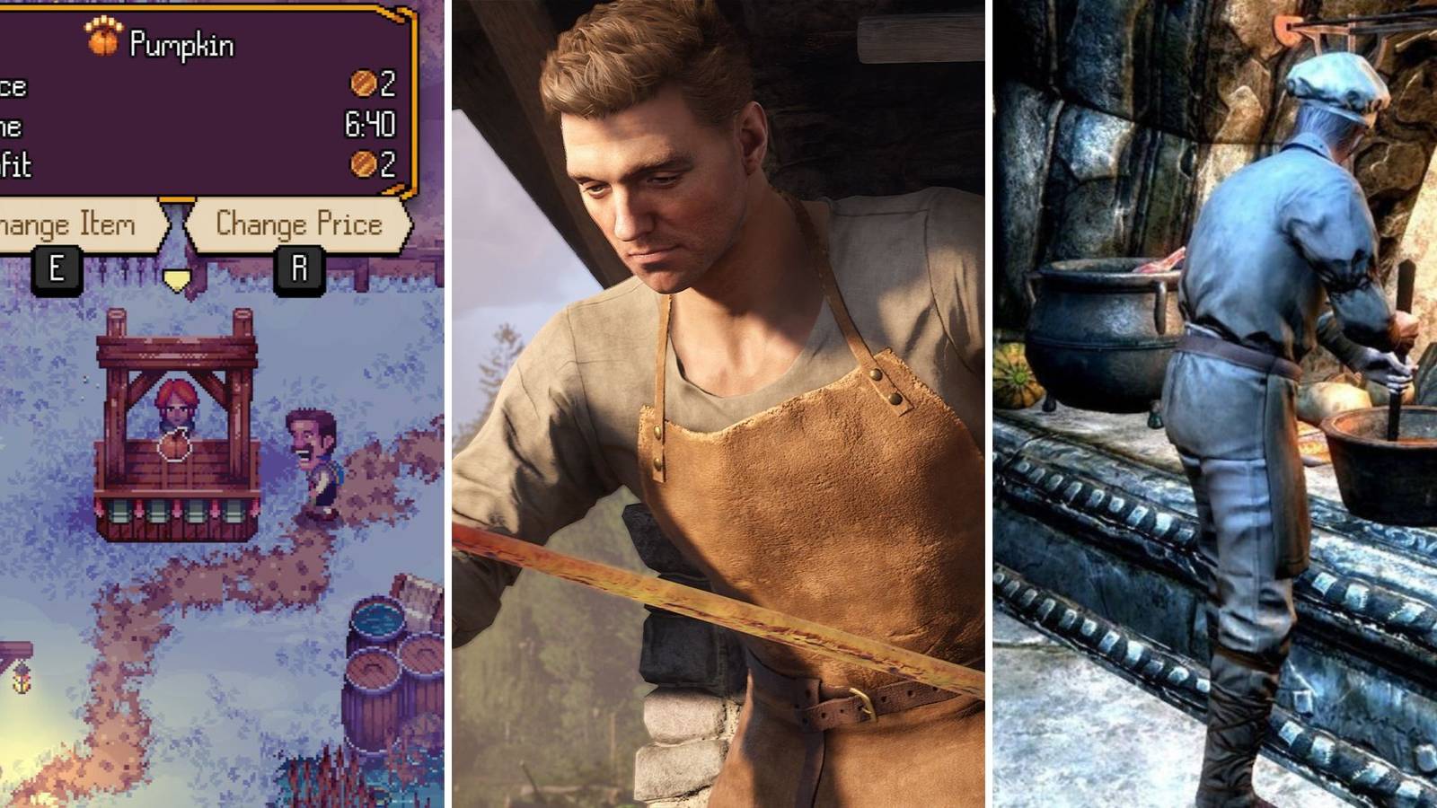 A grid showing the open-world games Kynseed, Kingdom Come: Deliverance 2, and Skyrim