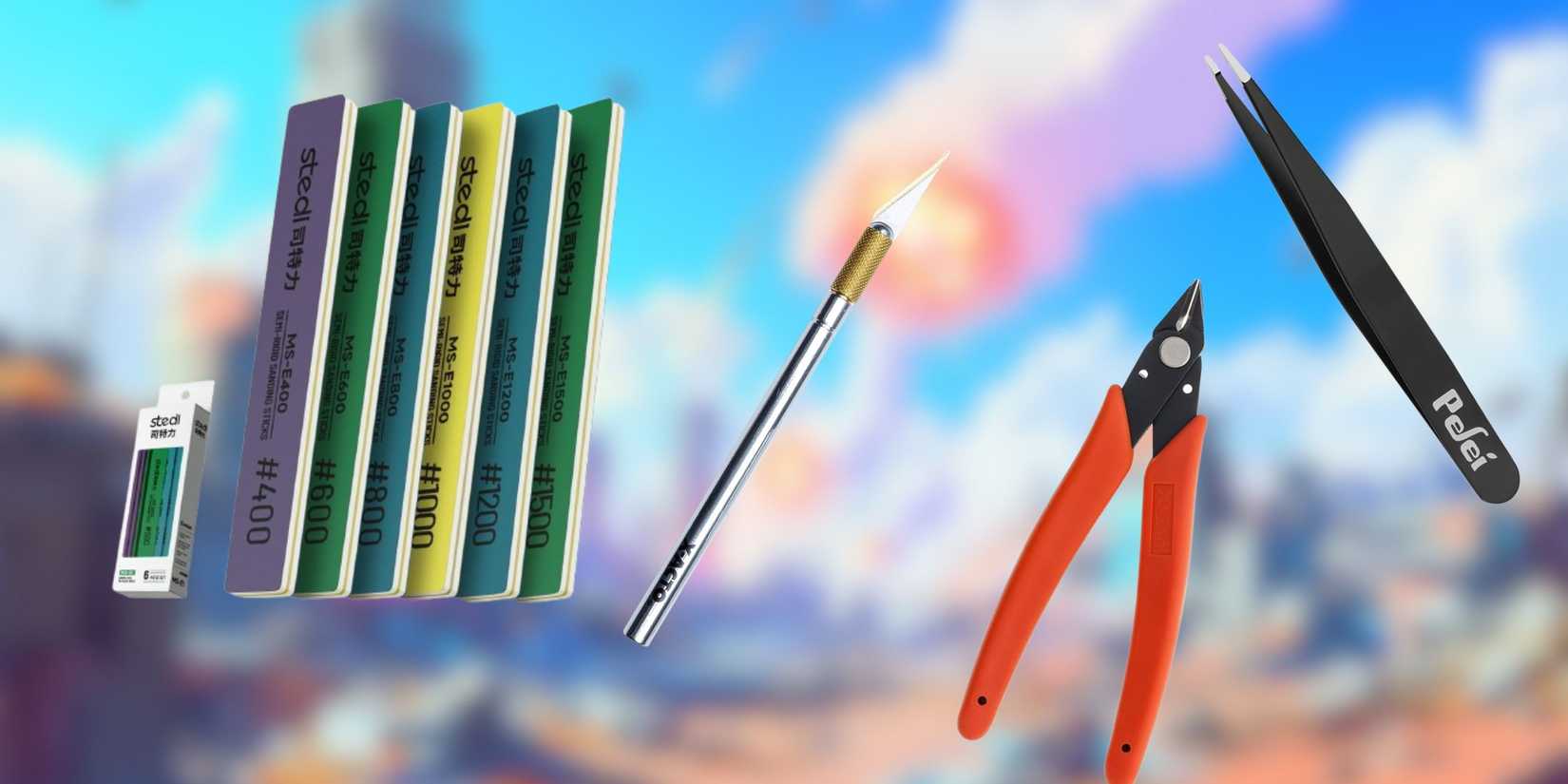 A cartoon background with sandpaper, x-acto hobby knife, a pair of bandai cutters, and normal tweezers.