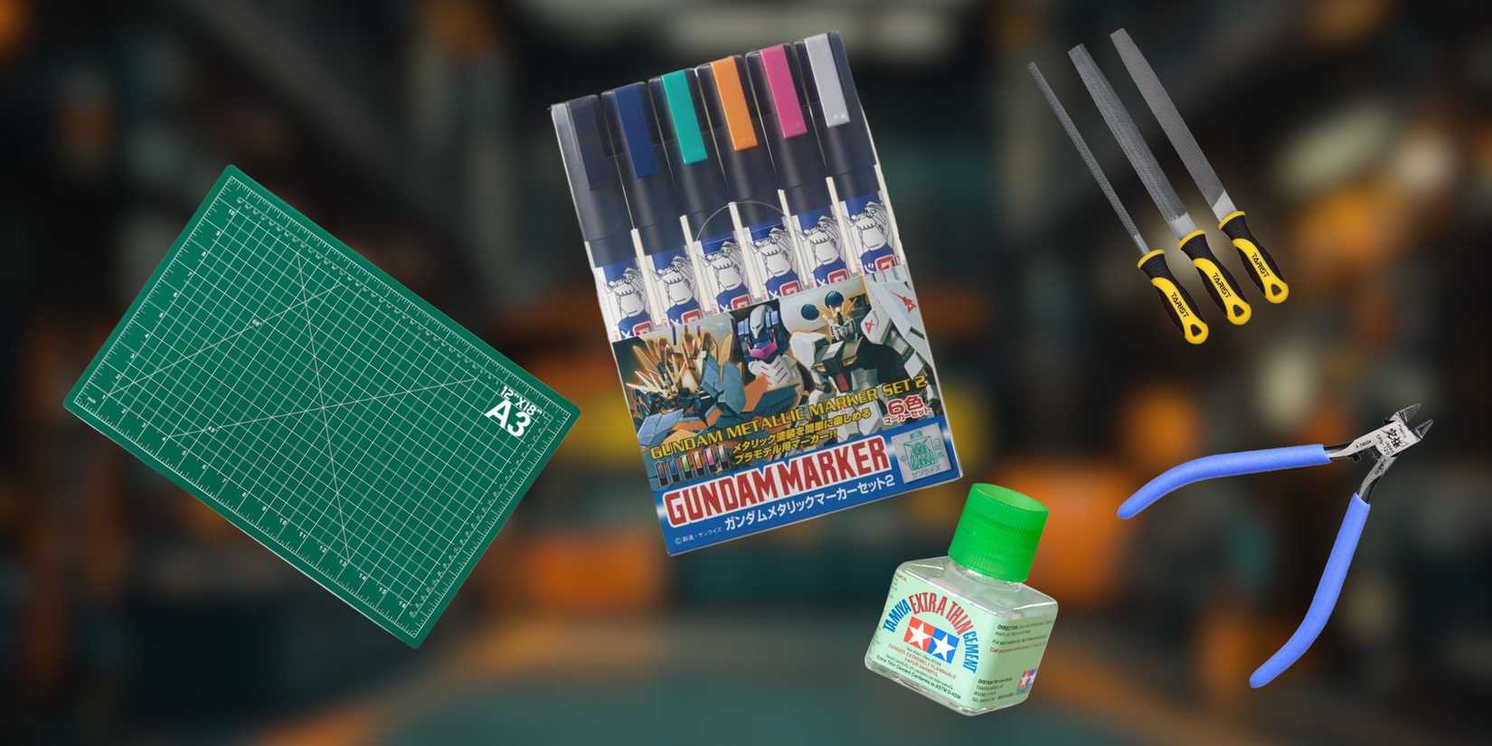 A cartoon background featuring a cutting mat, gundam panel markers, tamiya thin cement, a pair of god hand cutting pliers, and a set of metal files.