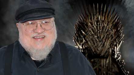 A composite image of George R. R. Martin and the Iron Throne from Game of Thrones