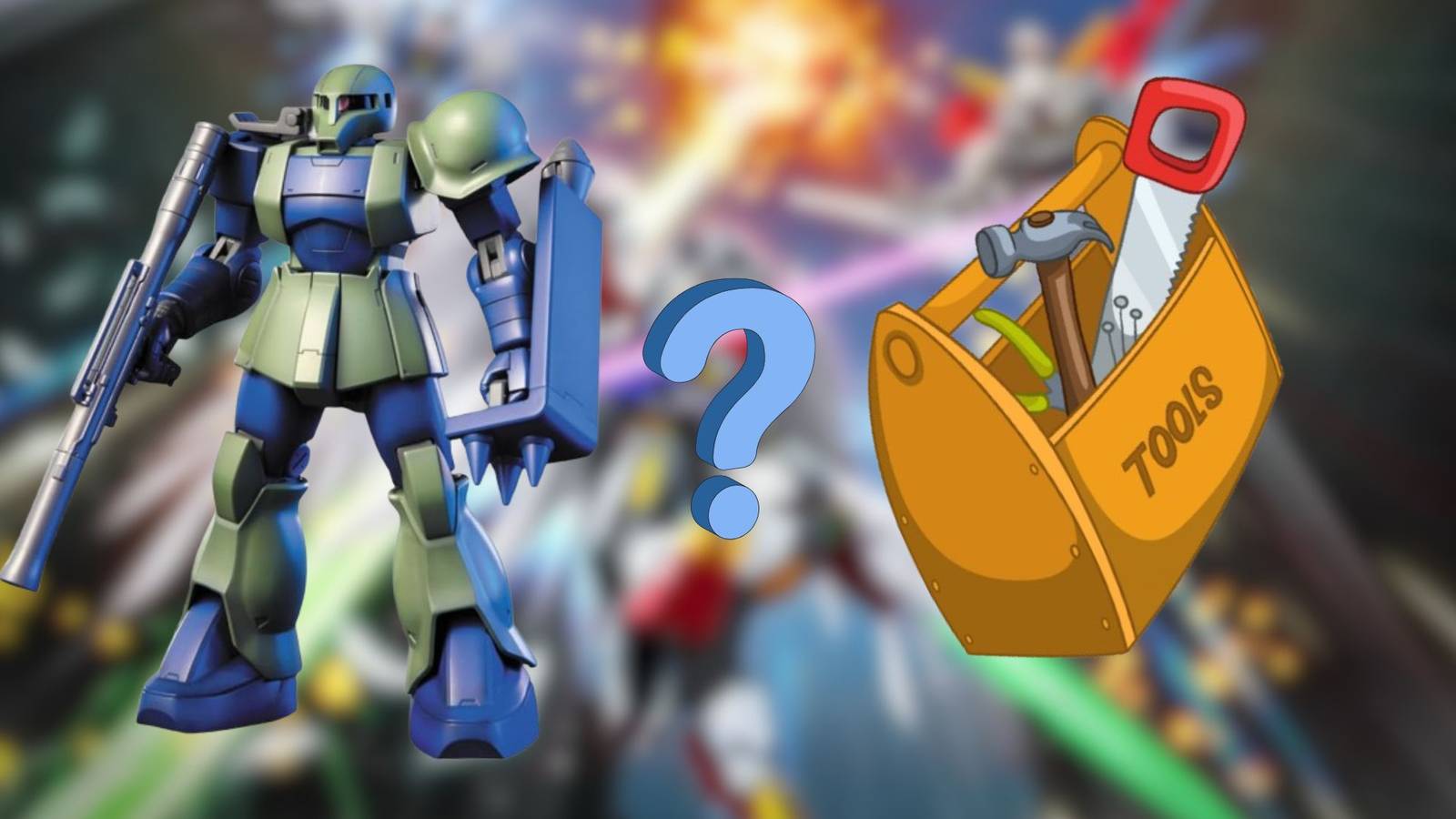 Gundam background with a gundam model and a cartoon of toolbox.