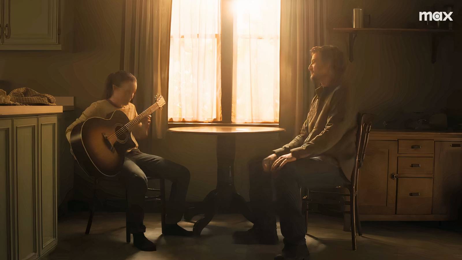 Joel teaching Ellie how to play guitar in the last of us season 2