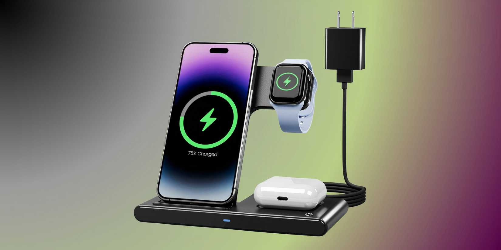 Image of a charging station hosting multiple apple devices.