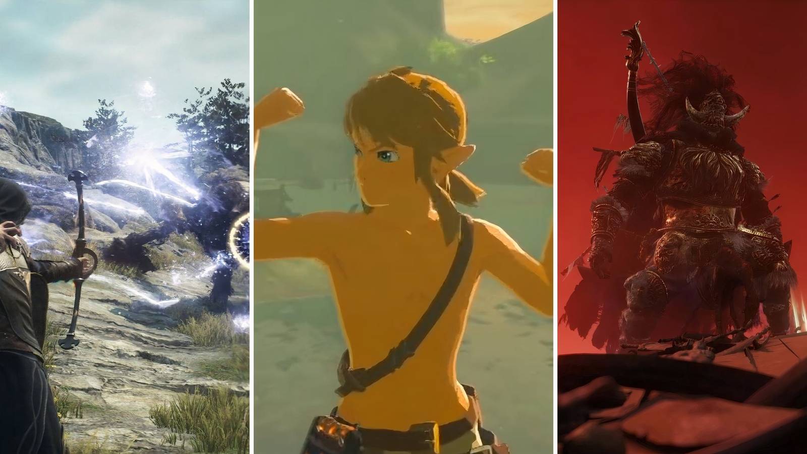 A grid showing the three open-world games Dragon's Dogma 2, The Legend of Zelda: Breath of the Wild, and Elden Ring