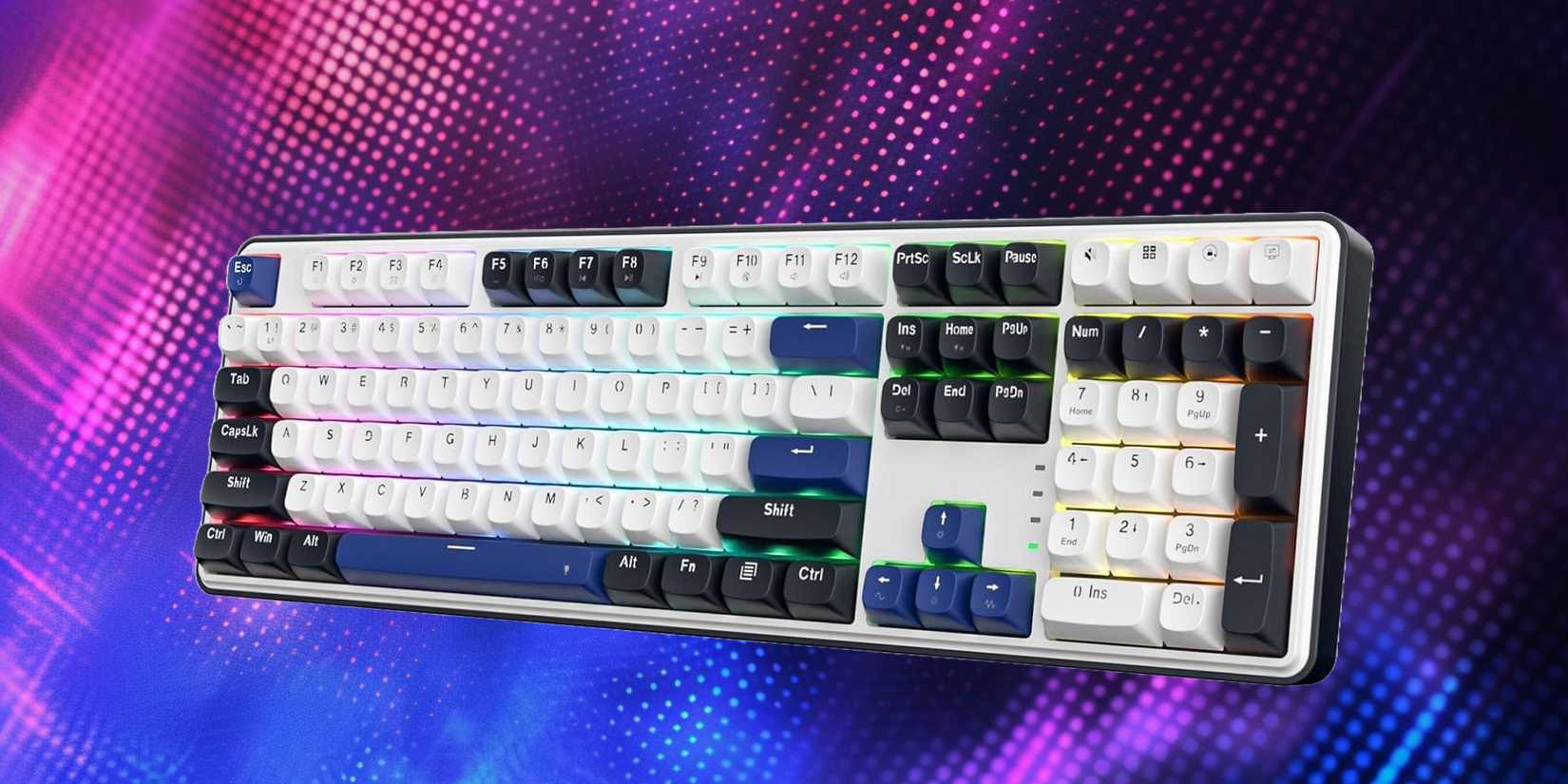 Image of a linear switch keyboard on a neon themed background. 