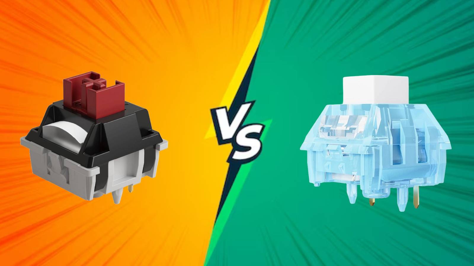 Image of a versus vector background with a linear switch and a clicky switch facing each other. 