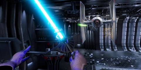 The smuggler fighting a TIE Fighter in Vader Immortal: A Star Wars VR Series