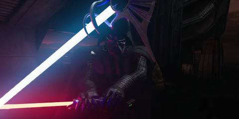 The smuggler clashing lightsabers in Vader Immortal: A Star Wars VR Series