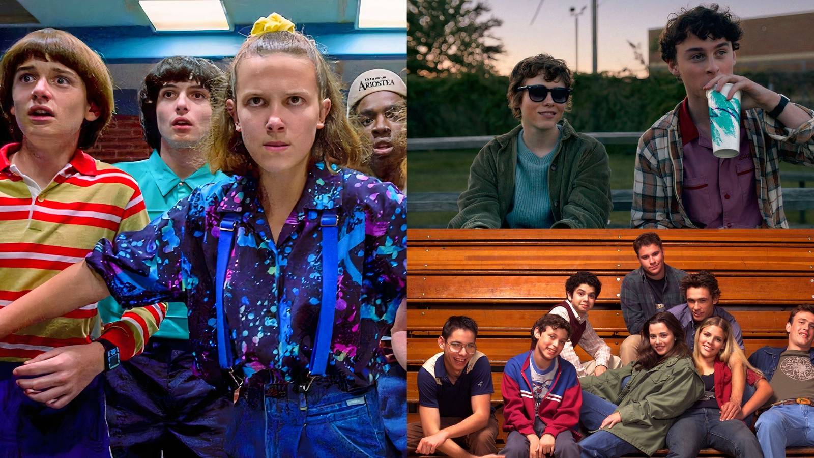 Will, Mike, Millie Bobby Brown as Eleven, and Lucas looking terrified, Sydney and Stan in I Am Not Okay With This, and the Freaks and Geeks cast