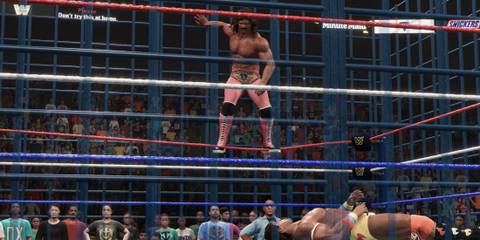 WWE 2K25 dive attack by Rick Rude from the cage