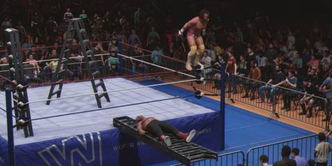 WWE 2K25  Macho Man dives at George Steele on the bridged ladder